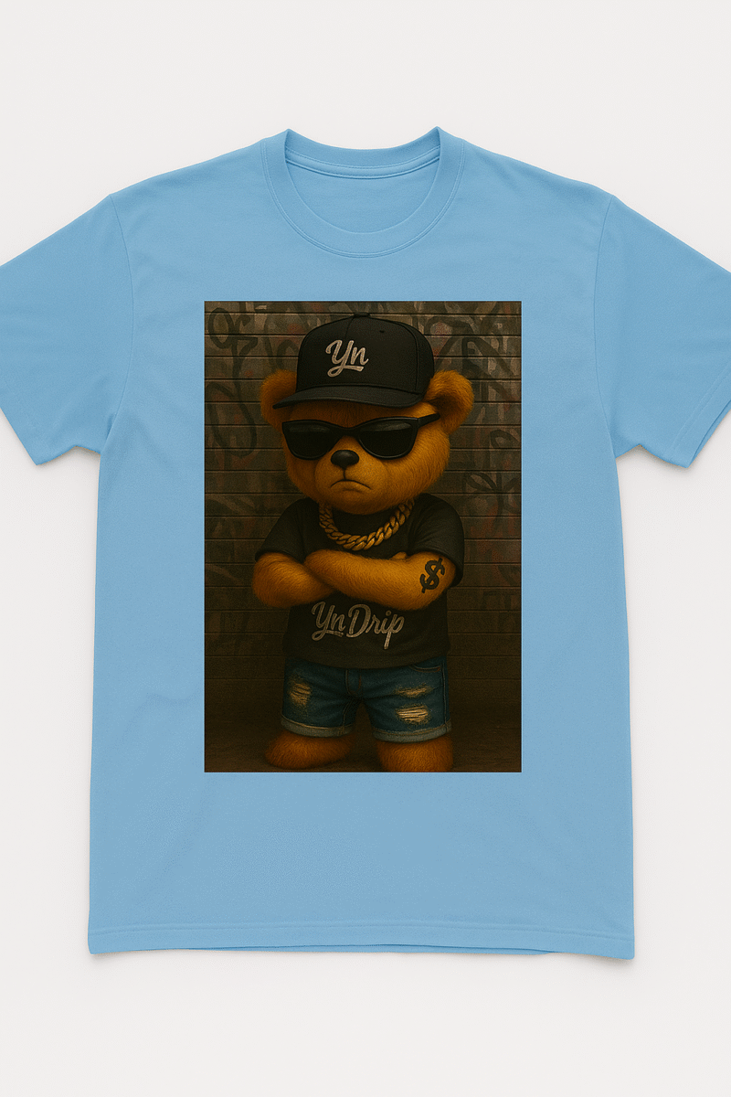YN Drip Streetwear Graphic Print Bear Blue T-shirt