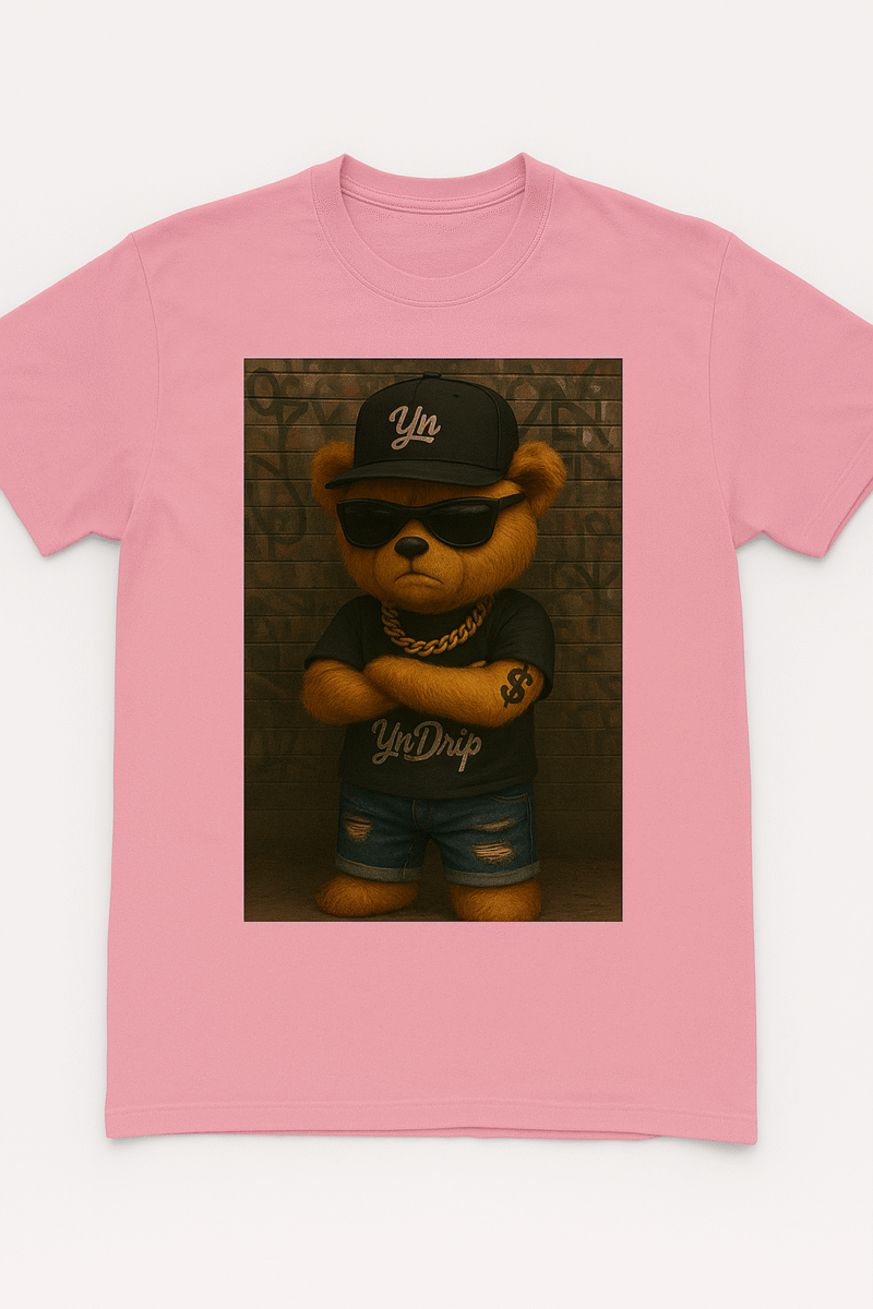 YN Drip Streetwear Graphic Print Bear Pink T-shirt